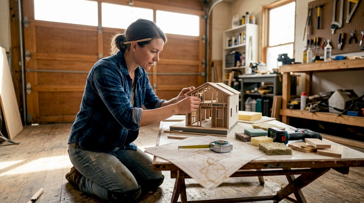 Architect working on micro home design model