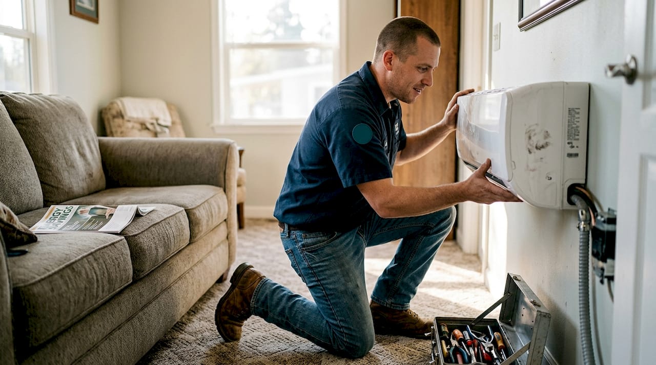 Technician installing mini-split HVAC unit