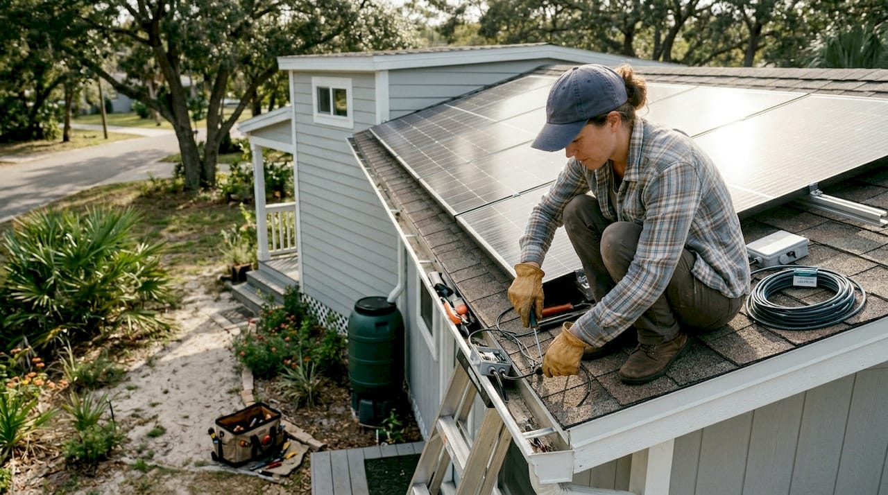 Woman installing solar panels on tiny home