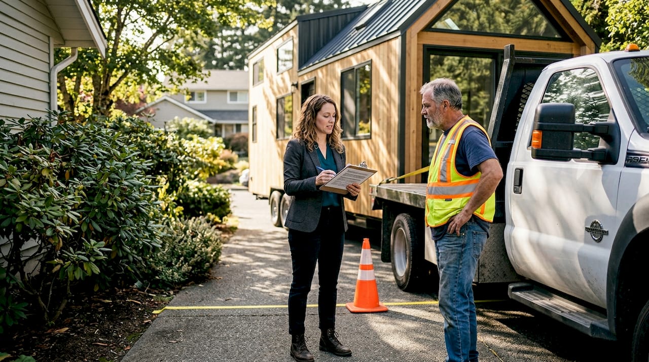 Tiny house delivery coordination scene
