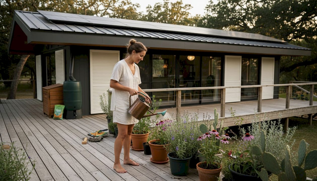 Woman waters plants at sustainable modular home