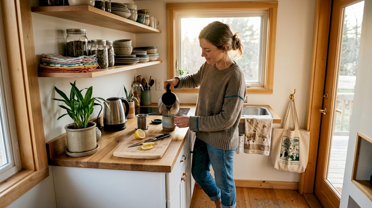 Woman making tea in light-filled tiny house