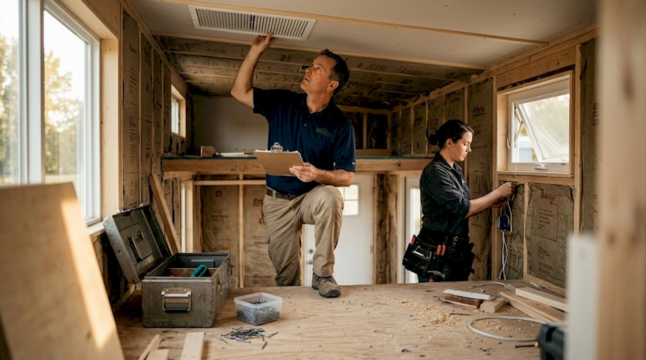 Inspector inside tiny home under construction