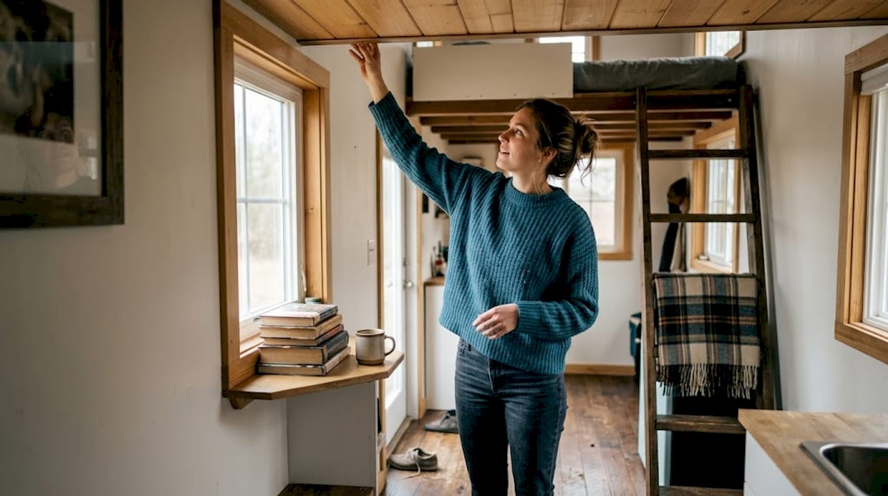 Person gauging tiny home ceiling height