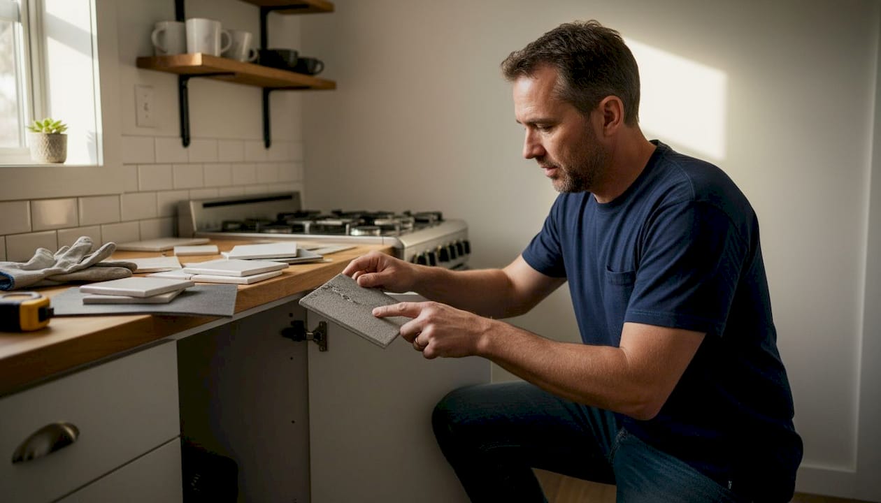 Builder inspects waterproof materials in kitchen