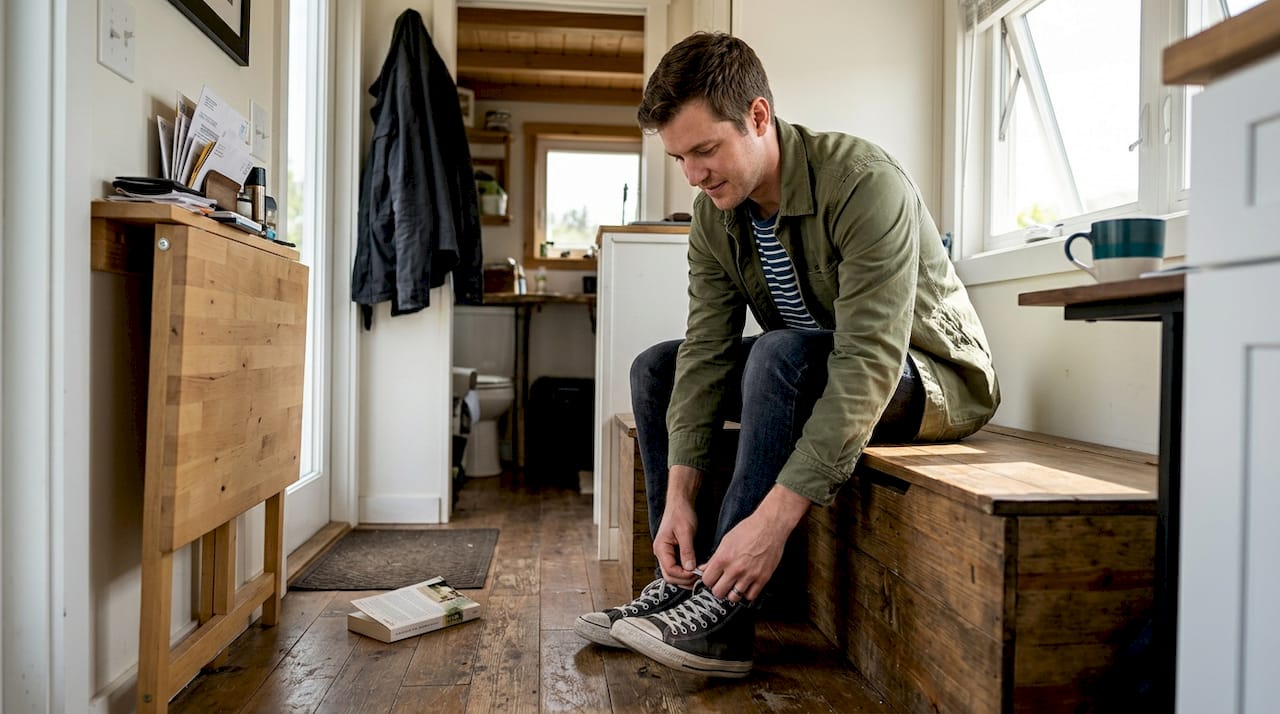 Man using built in storage bench tiny house
