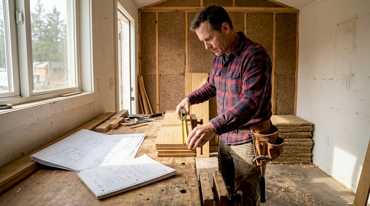 Contractor measuring bamboo panels for tiny home