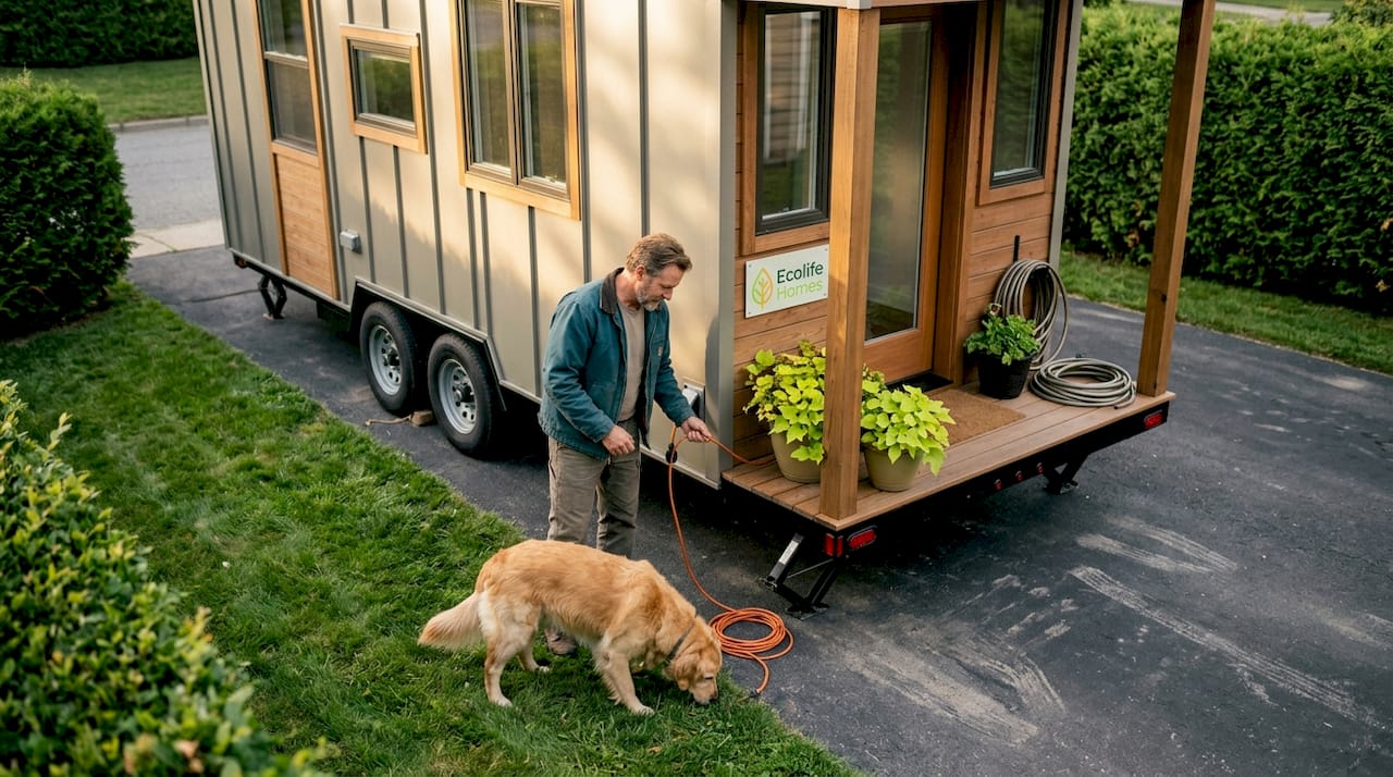 Owner connecting power to tiny home on wheels