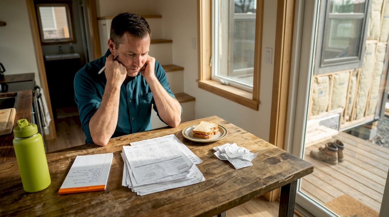 Tiny home resident reviewing construction costs paperwork
