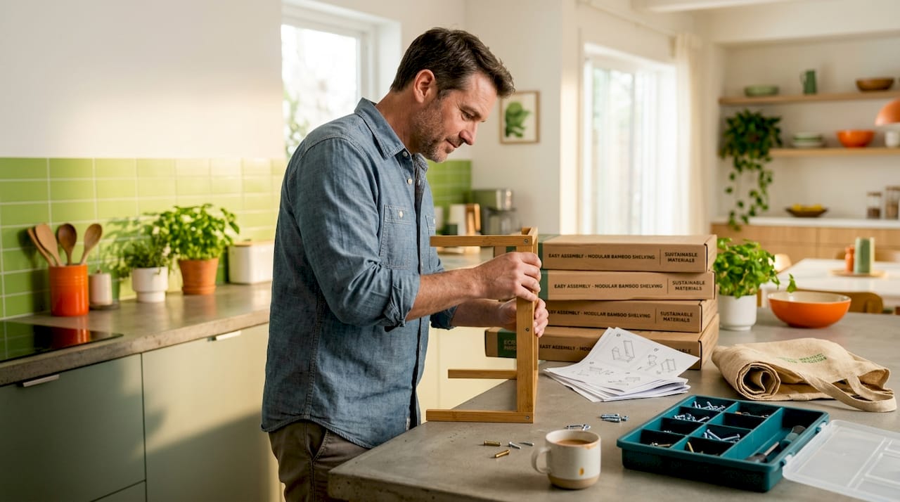 Man assembling bamboo shelves in eco kitchen
