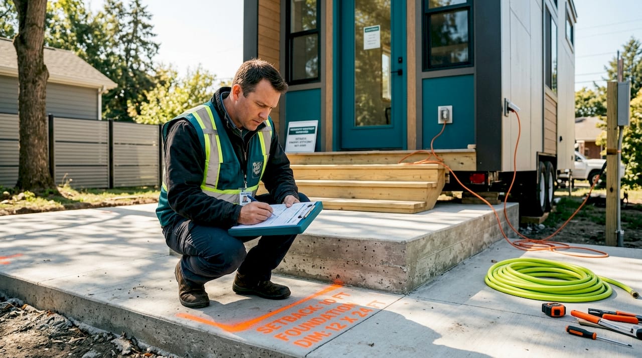 Inspector checks tiny home foundation in backyard