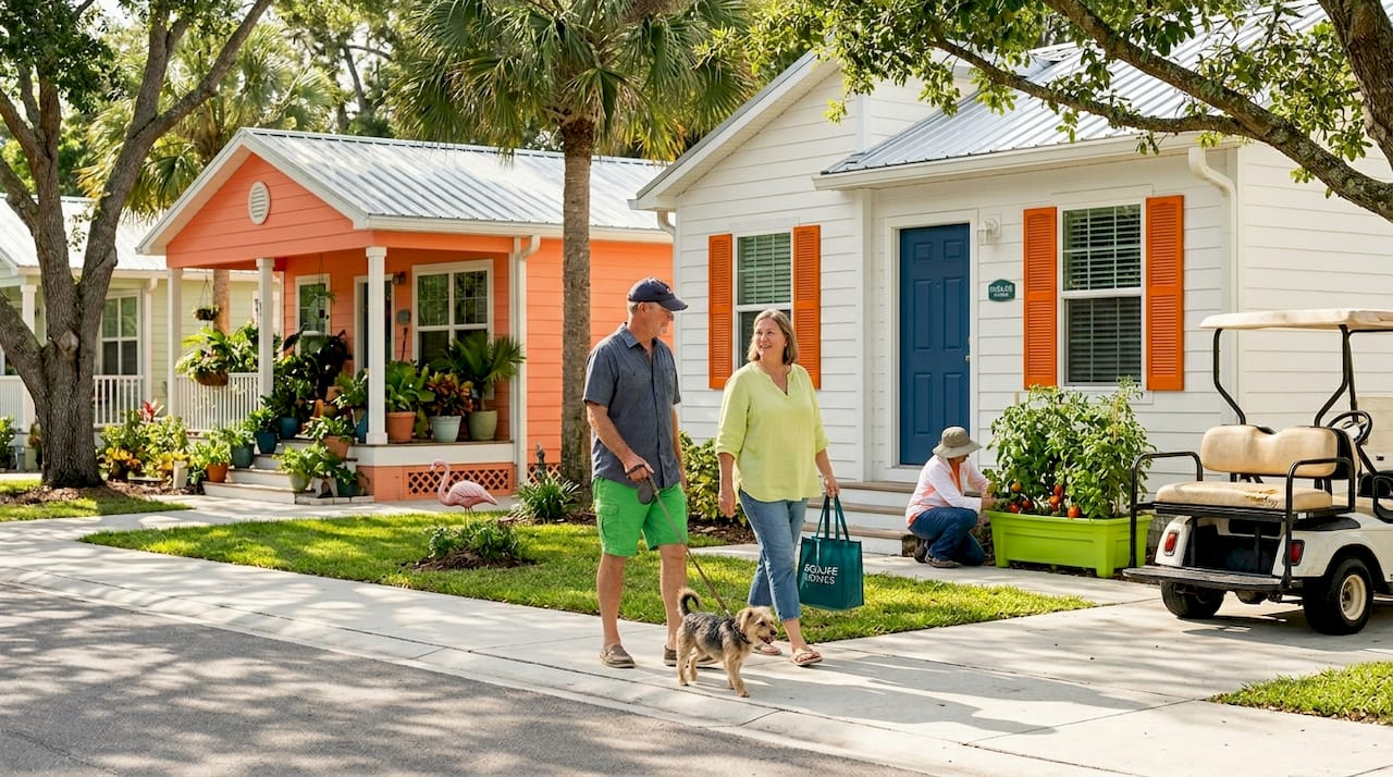 Residents walking in Florida land-lease community