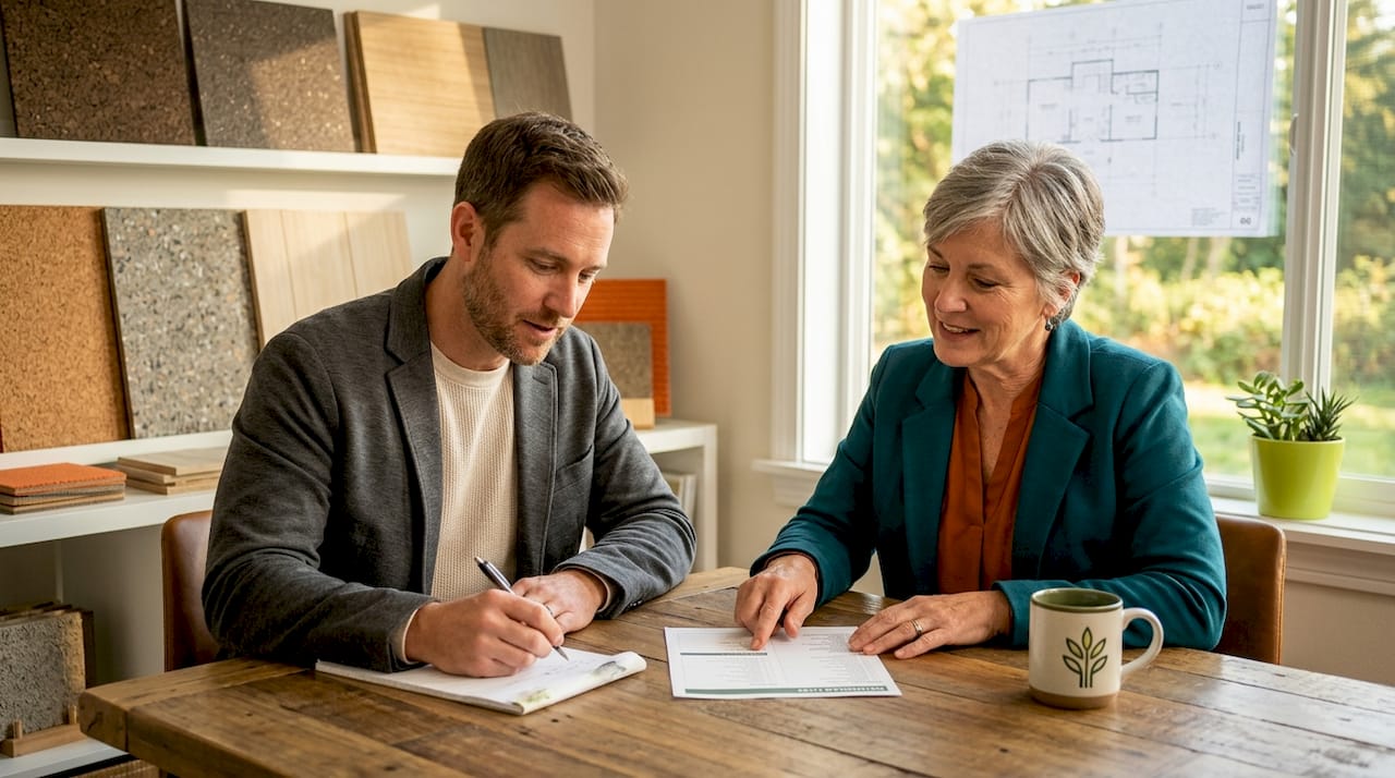 Client and builder reviewing eco home materials
