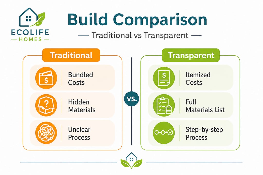 Infographic comparing traditional and transparent home building