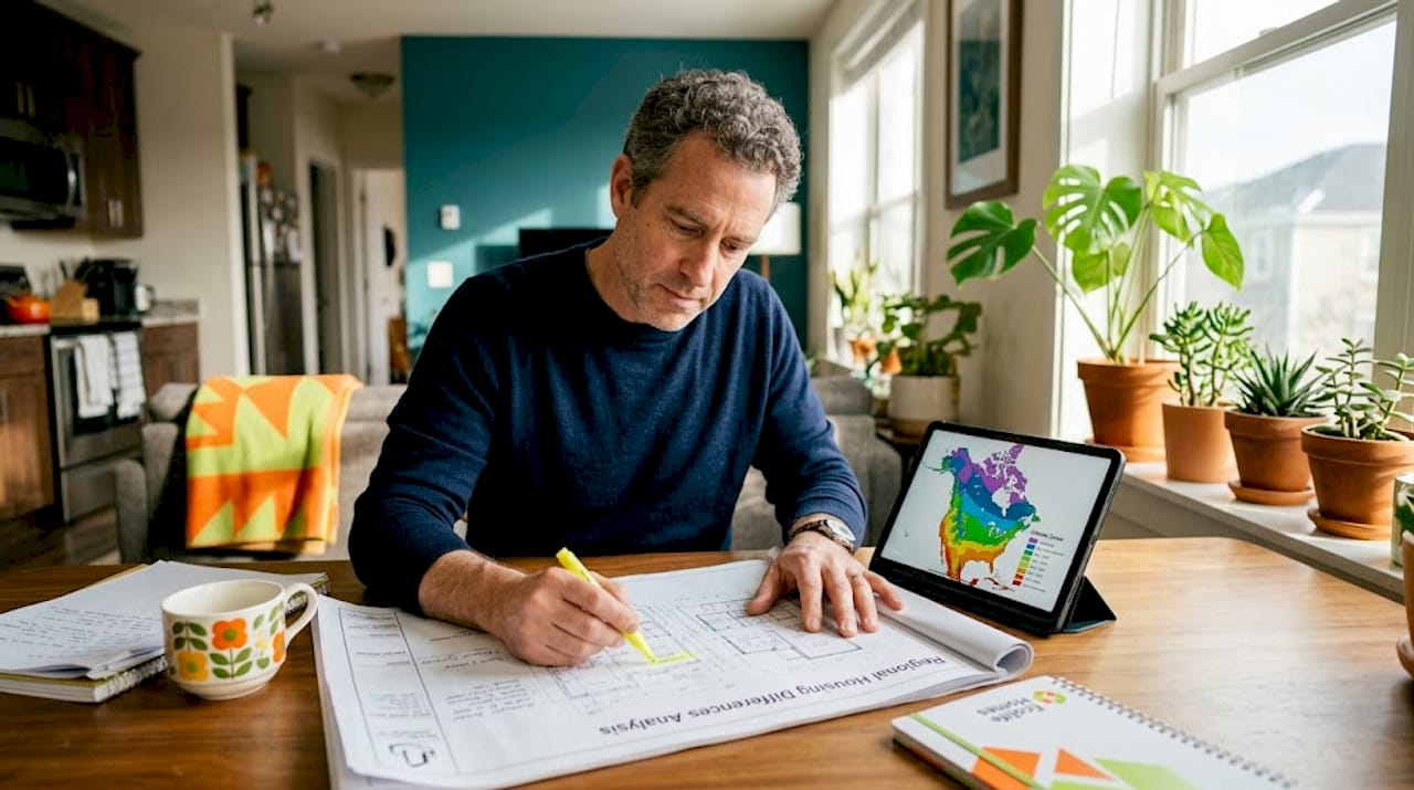 Architect comparing climate zone housing at table