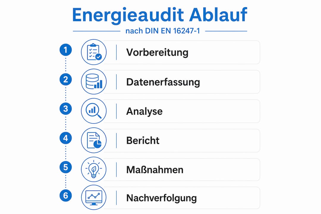 Die Infografik veranschaulicht Schritt für Schritt, wie ein Energieaudit abläuft.