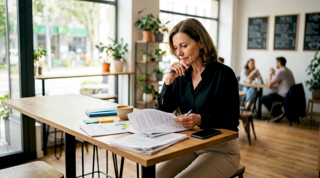 Eine Geschäftsfrau prüft an ihrem Schreibtisch aktuelle ESG-Berichte und analysiert die wichtigsten Kennzahlen für nachhaltiges Wirtschaften.