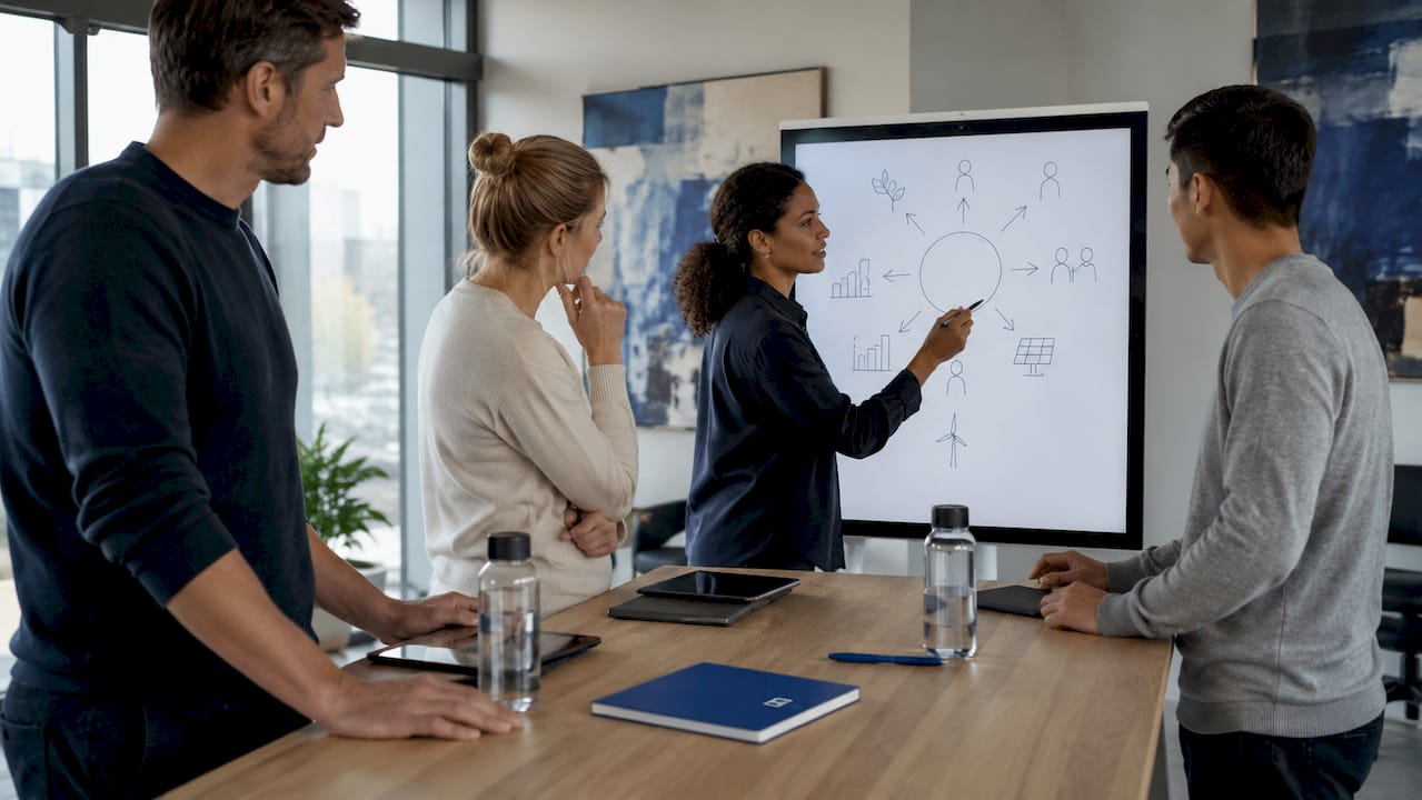 Ein Team sitzt gemeinsam am Konferenztisch und nimmt an einer interaktiven Schulung teil.