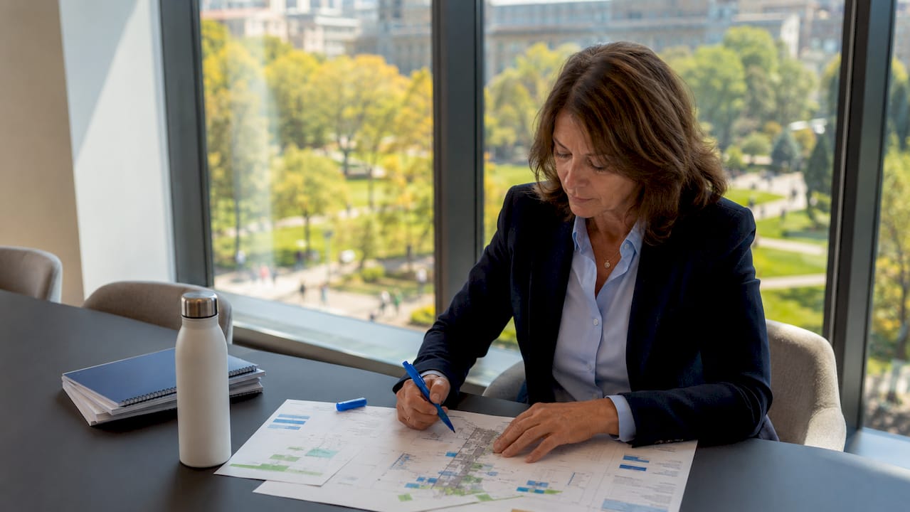 Ein Energieberater prüft die Unterlagen zum Transformationskonzept.