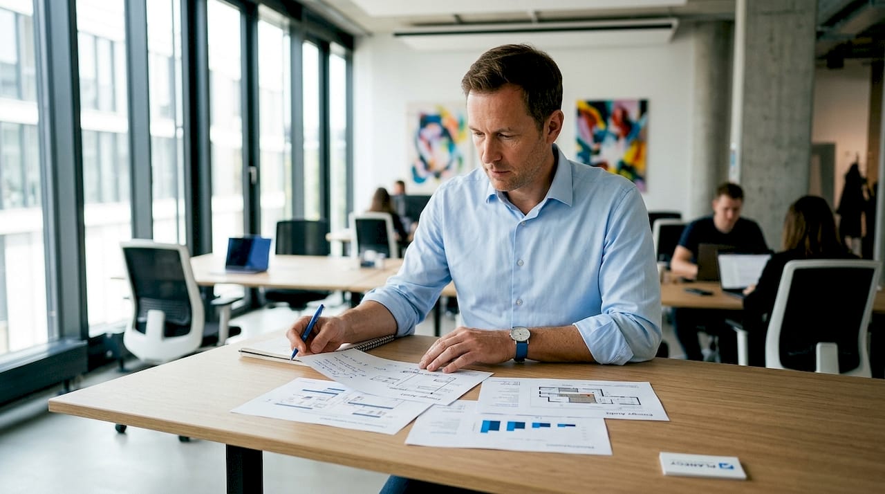 Ein Energieberater prüft im Büro Unterlagen zu einem Energieaudit.