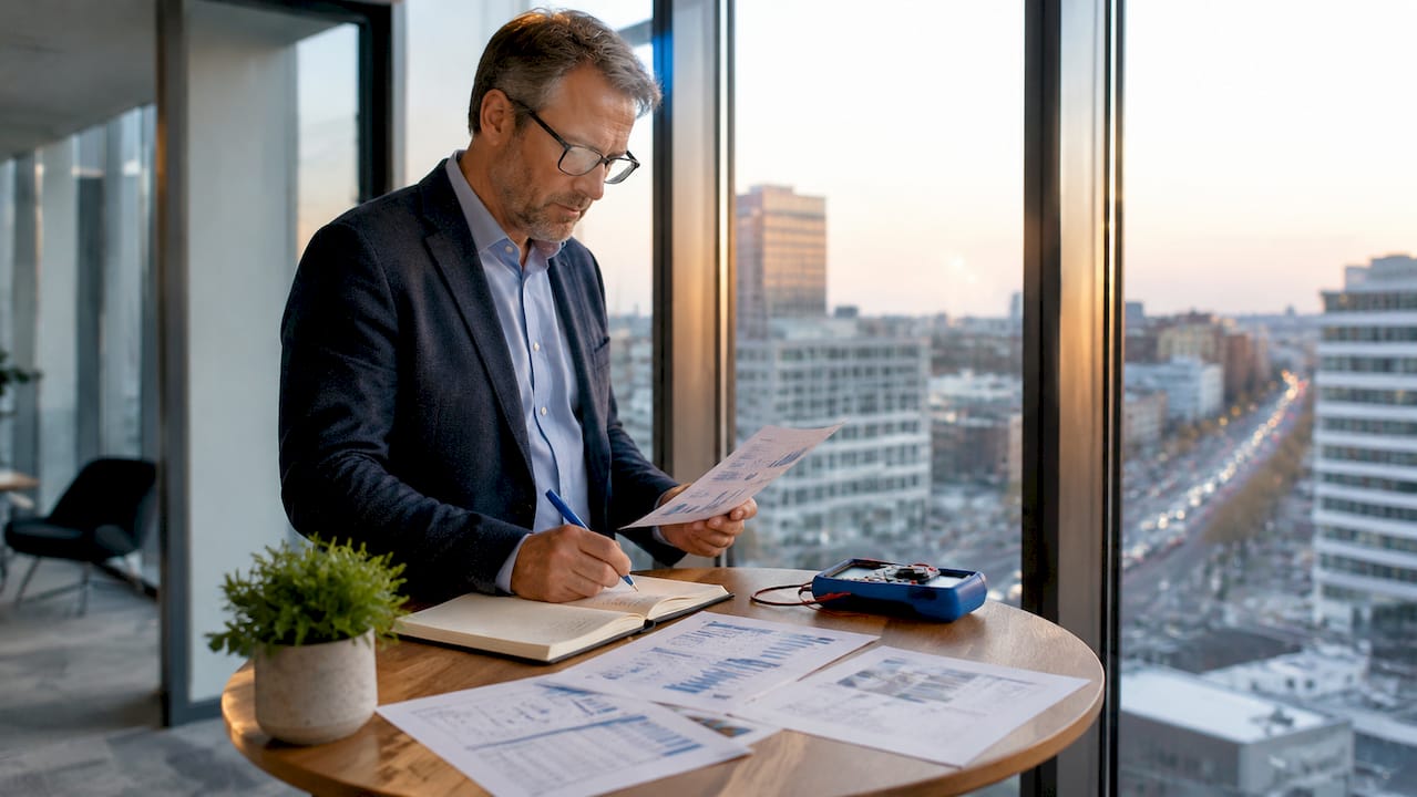 Ein Energieberater nimmt die Unterlagen zum Energieaudit genau unter die Lupe.