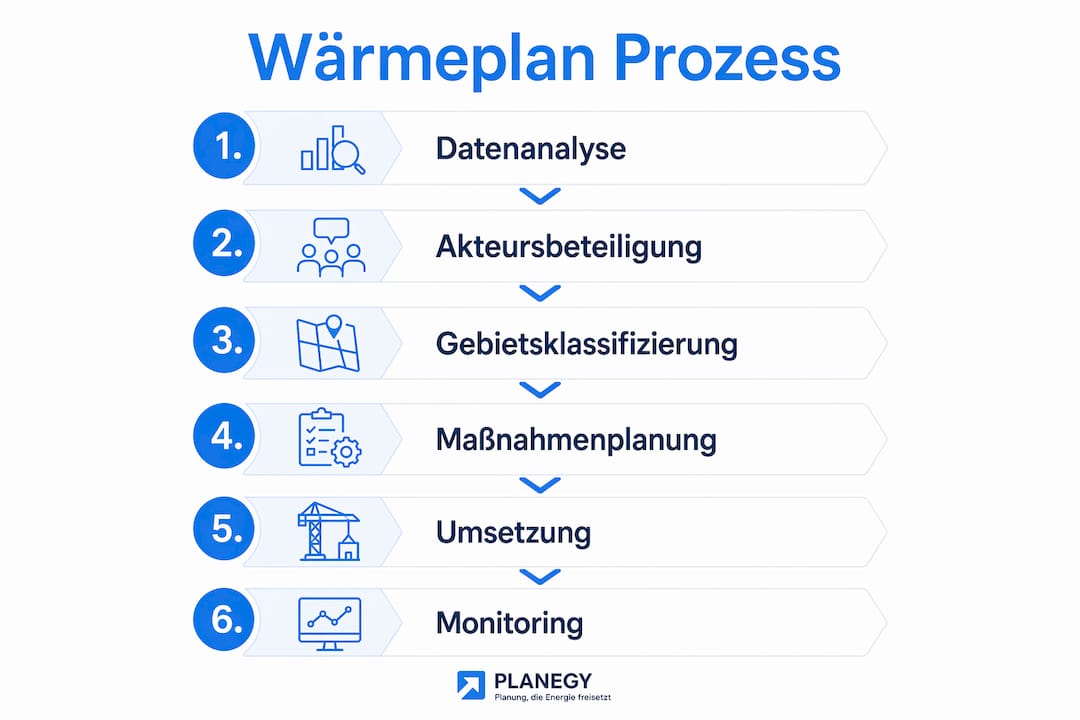 Die Infografik veranschaulicht die einzelnen Schritte im Wärmeplanungsprozess.