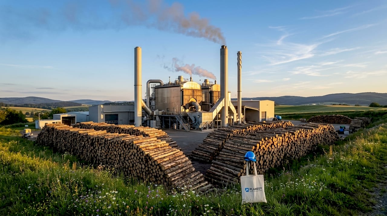 Blick auf das Biomasse-Heizkraftwerk und die angrenzenden Holzlager