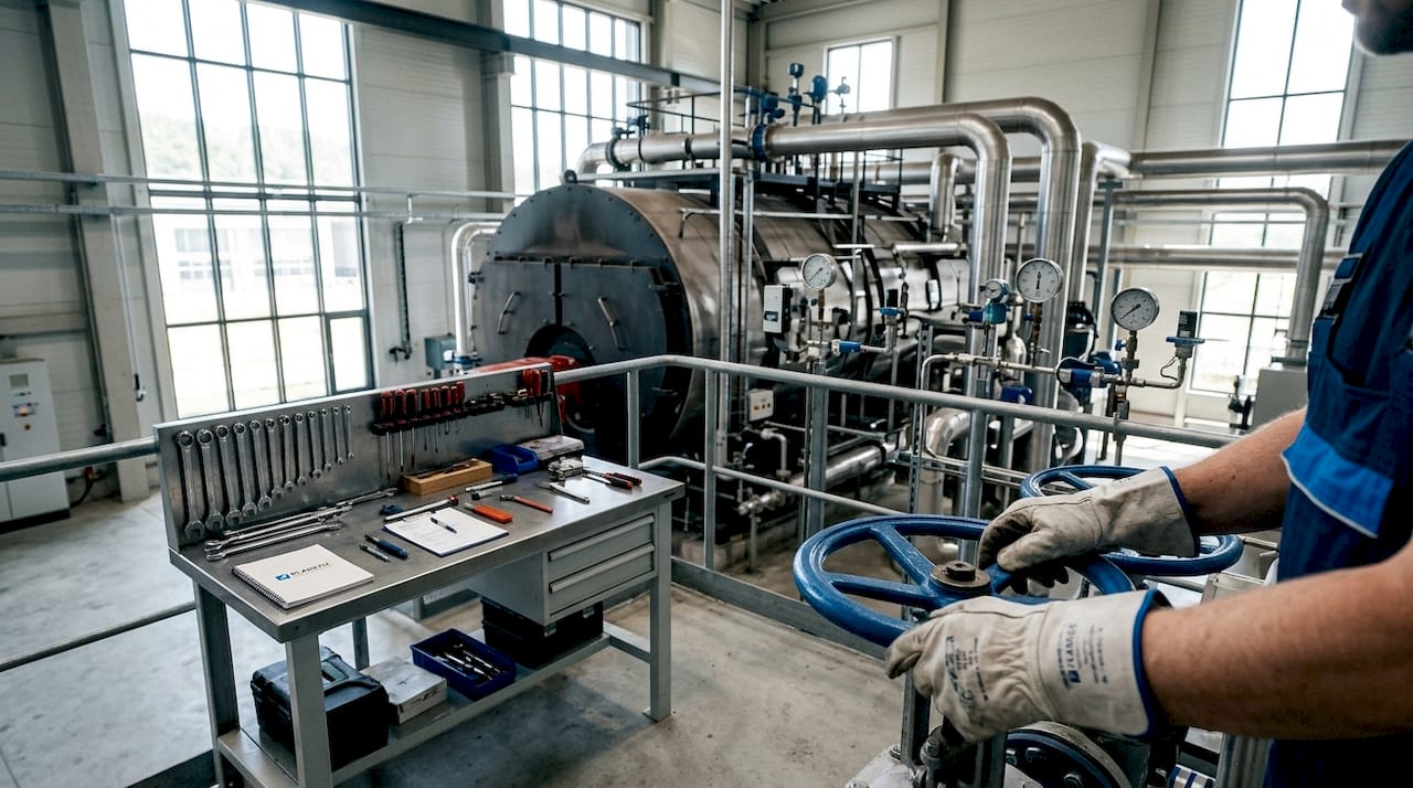Ein Techniker stellt das Kesselventil im Biomassekraftwerk ein.