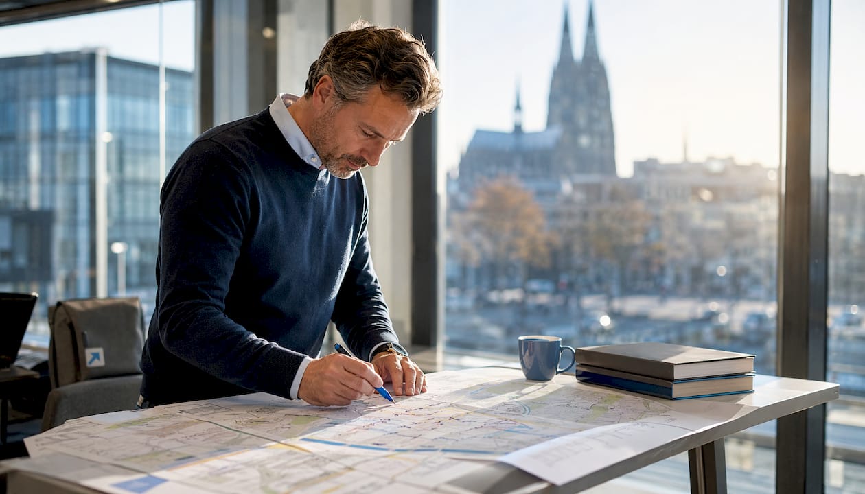 Ein Planer analysiert im Büro die aktuellen Wärmekonzepte.