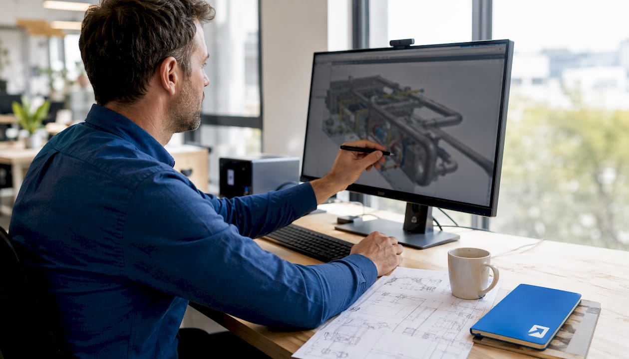 Ein Ingenieur arbeitet am CAD-System und entwickelt ein komplexes 3D-Modell für Rohrleitungen.