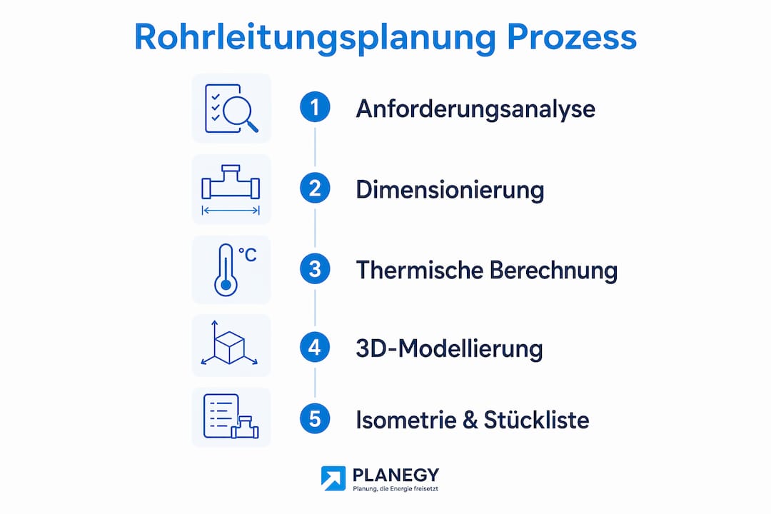 Schritt-für-Schritt-Übersicht zur Planung von Rohrleitungssystemen als Infografik