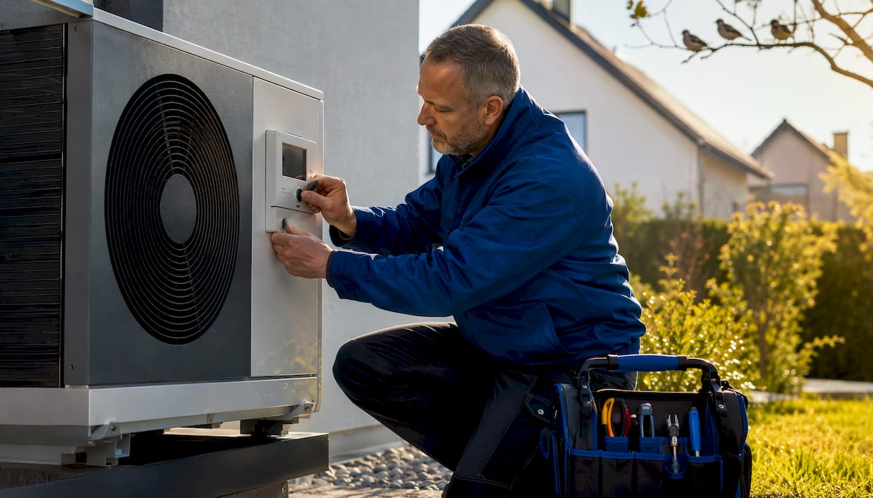 Ein Servicetechniker stellt im Technikraum das Thermostat der Wärmepumpe präzise ein.