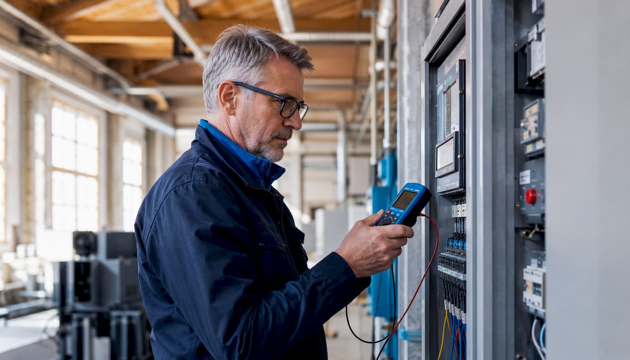 Ein Experte überprüft den Energieverbrauch in einer Produktionshalle.