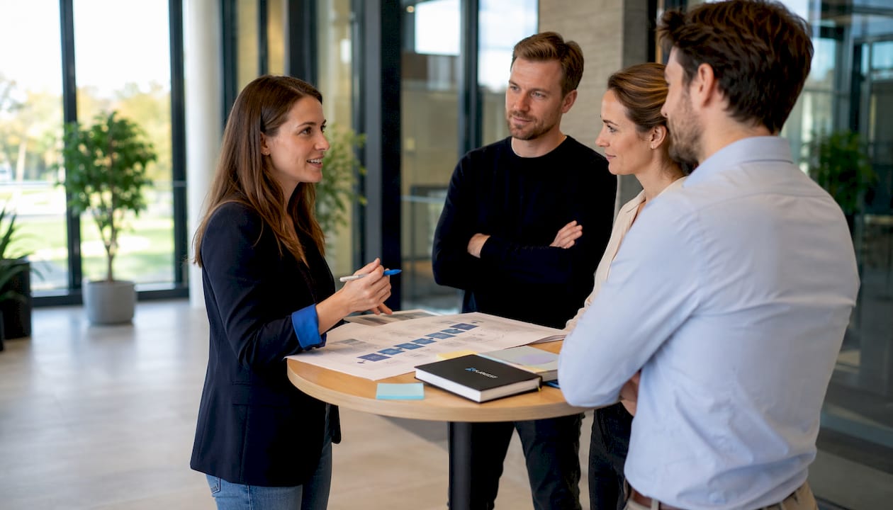 Eine Energieexpertin veranschaulicht den Ablauf Schritt für Schritt am Whiteboard.