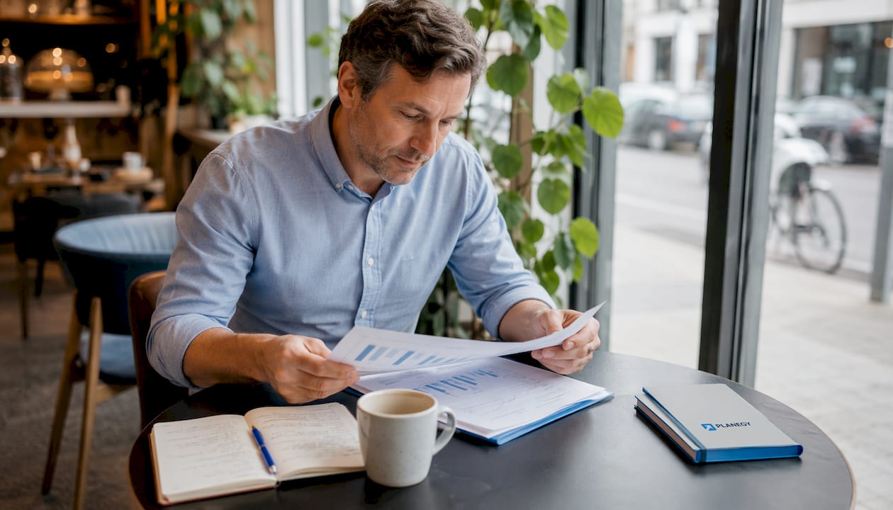 Ein Energieauditor überprüft die Ergebnisse des Energieaudits im Büro.