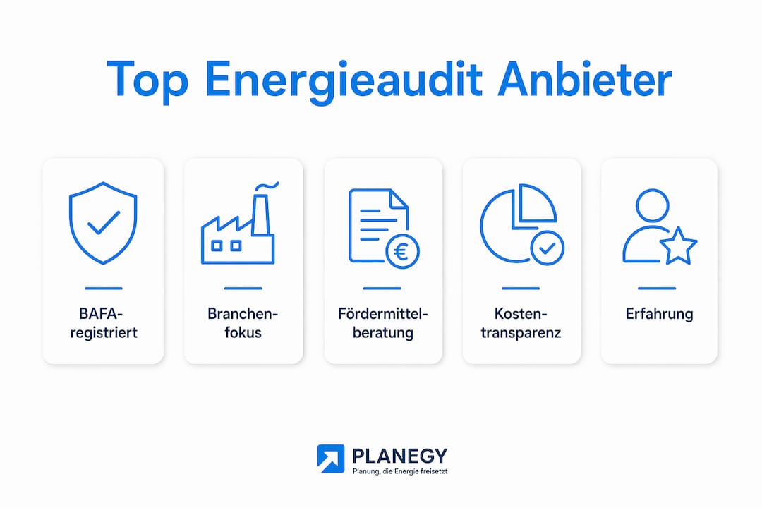 Übersichtliche Infografik: Die wichtigsten Kriterien bei der Auswahl eines Energieaudit-Dienstleisters auf einen Blick