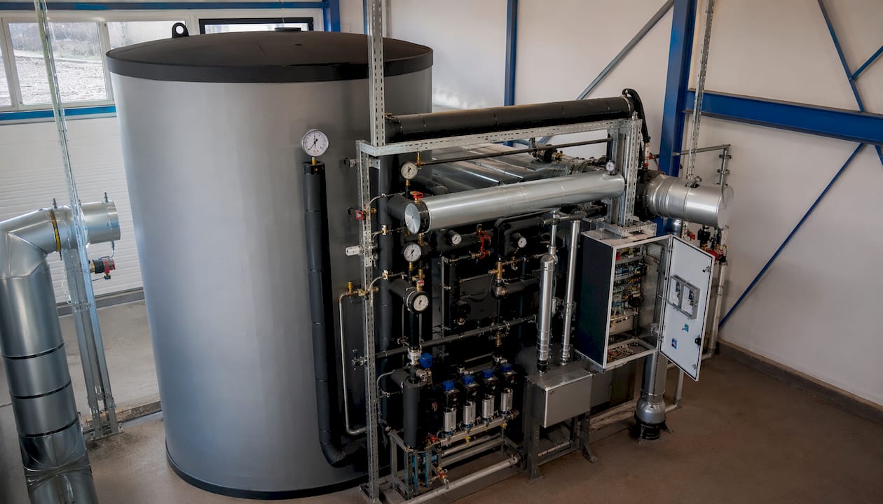 Robuster Fernwärmespeicher mit integrierter Frischwasserstation für eine sichere und effiziente Wärmeversorgung.