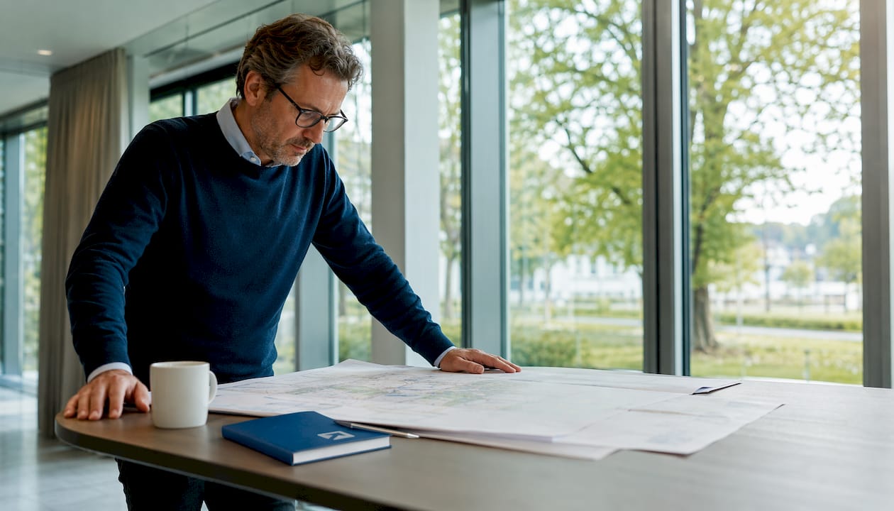 Im Büro beschäftigt sich ein Stadtplaner mit der Auswertung von Wärmeversorgungskonzepten.