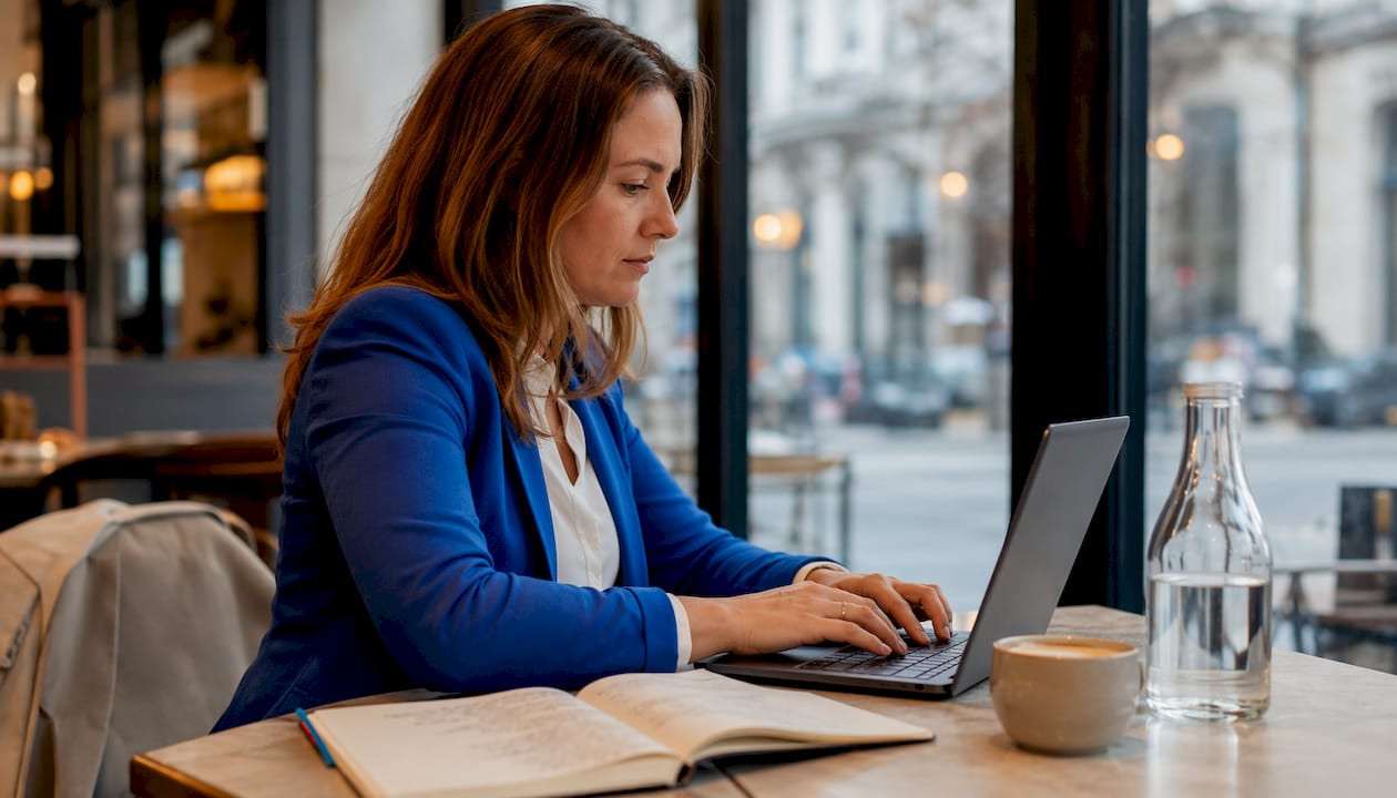Eine Frau sitzt im Büro und arbeitet fokussiert an ihrem Laptop.
