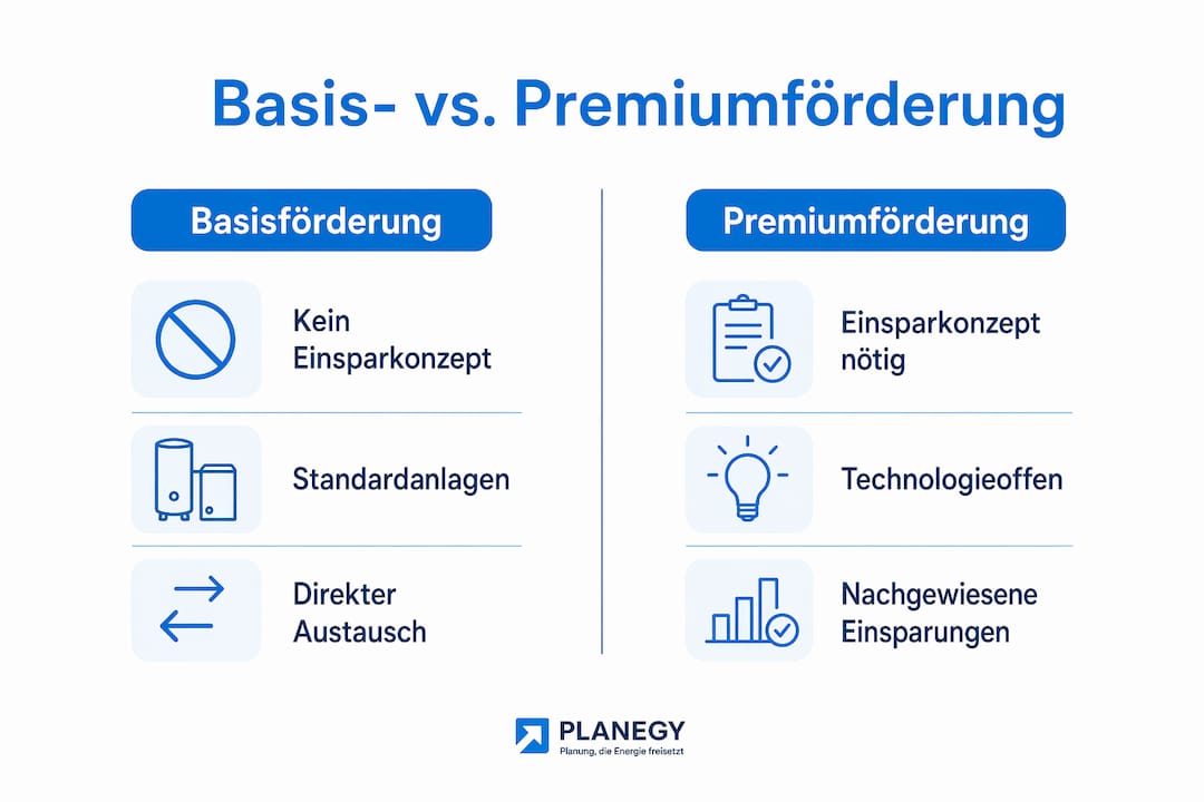 Übersichtsgrafik: Basis- vs. Premiumförderung im BAFA Modul 4 – die wichtigsten Unterschiede auf einen Blick