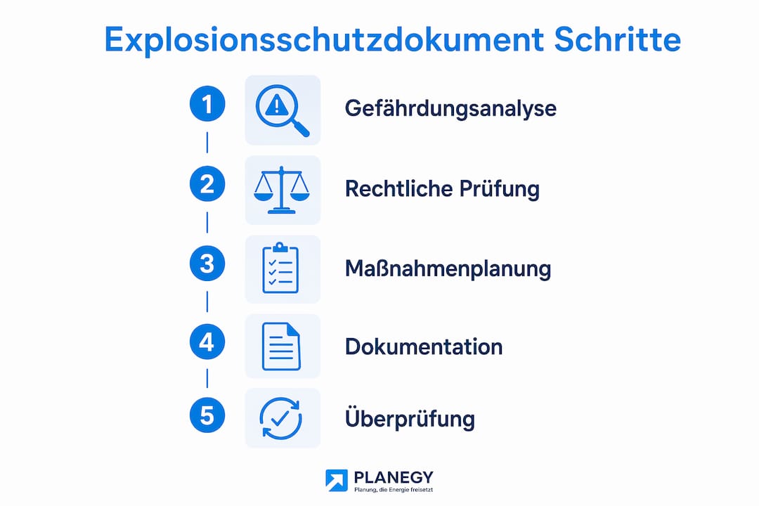 Eine übersichtliche Infografik veranschaulicht die einzelnen Schritte zur Erstellung eines Explosionsschutzdokuments.