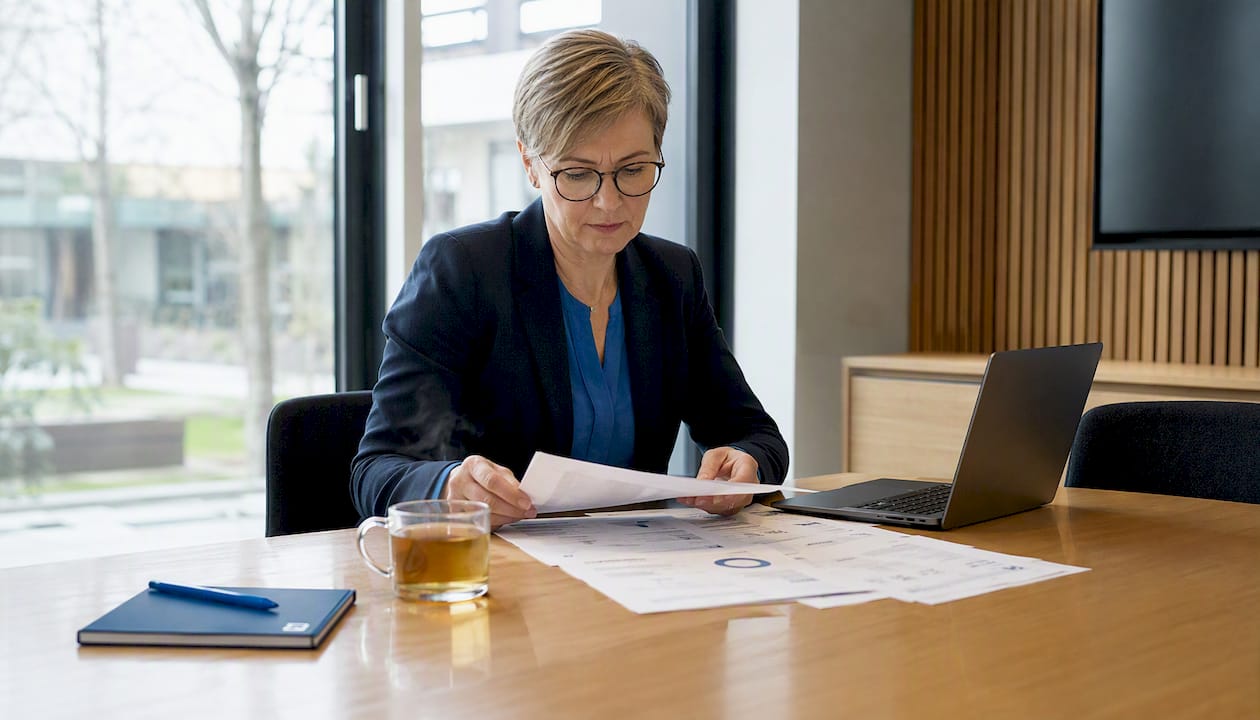 Eine Geschäftsfrau prüft Unterlagen zur CSRD und ESG-Richtlinien.