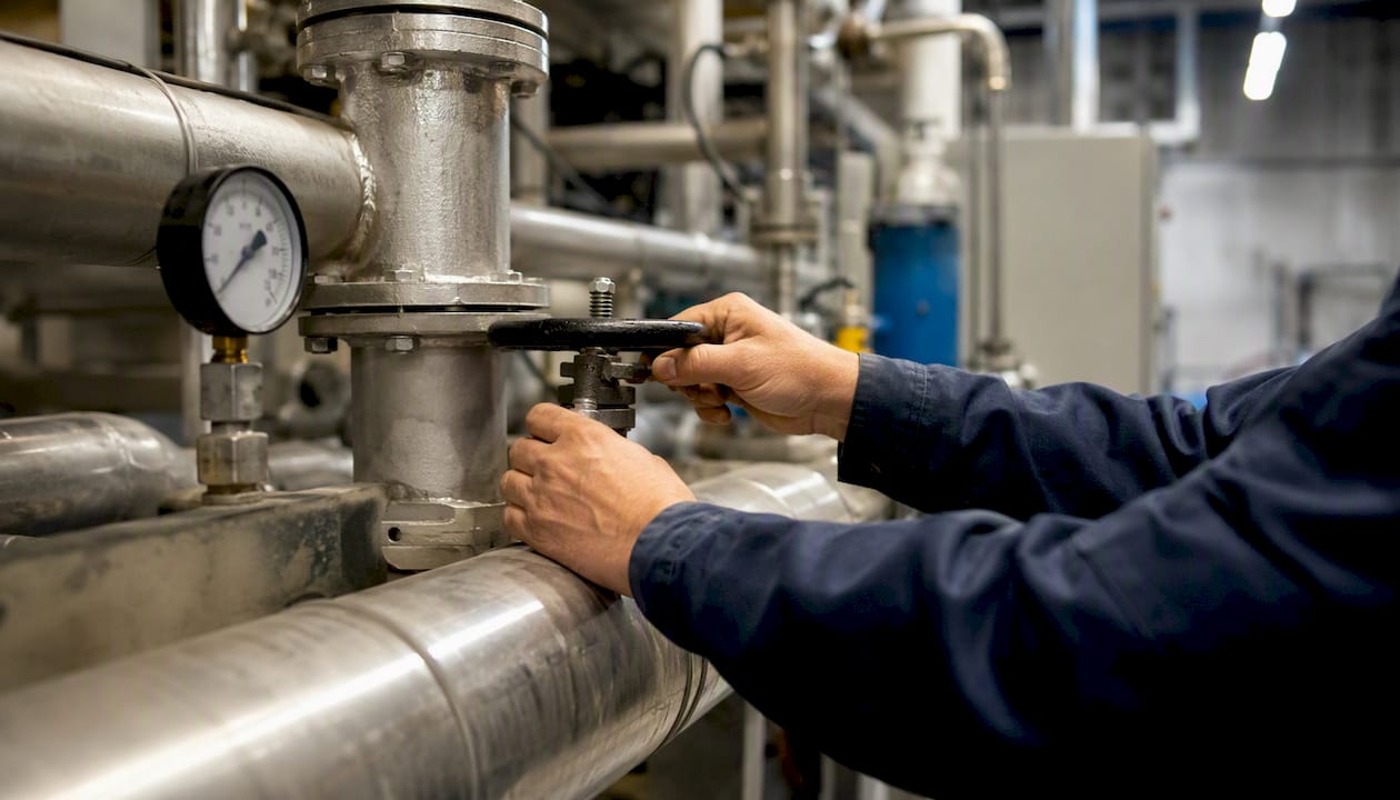 Ein Techniker nimmt Feinjustierungen an den Ventilen der Rohrleitungen einer KWK-Anlage vor.