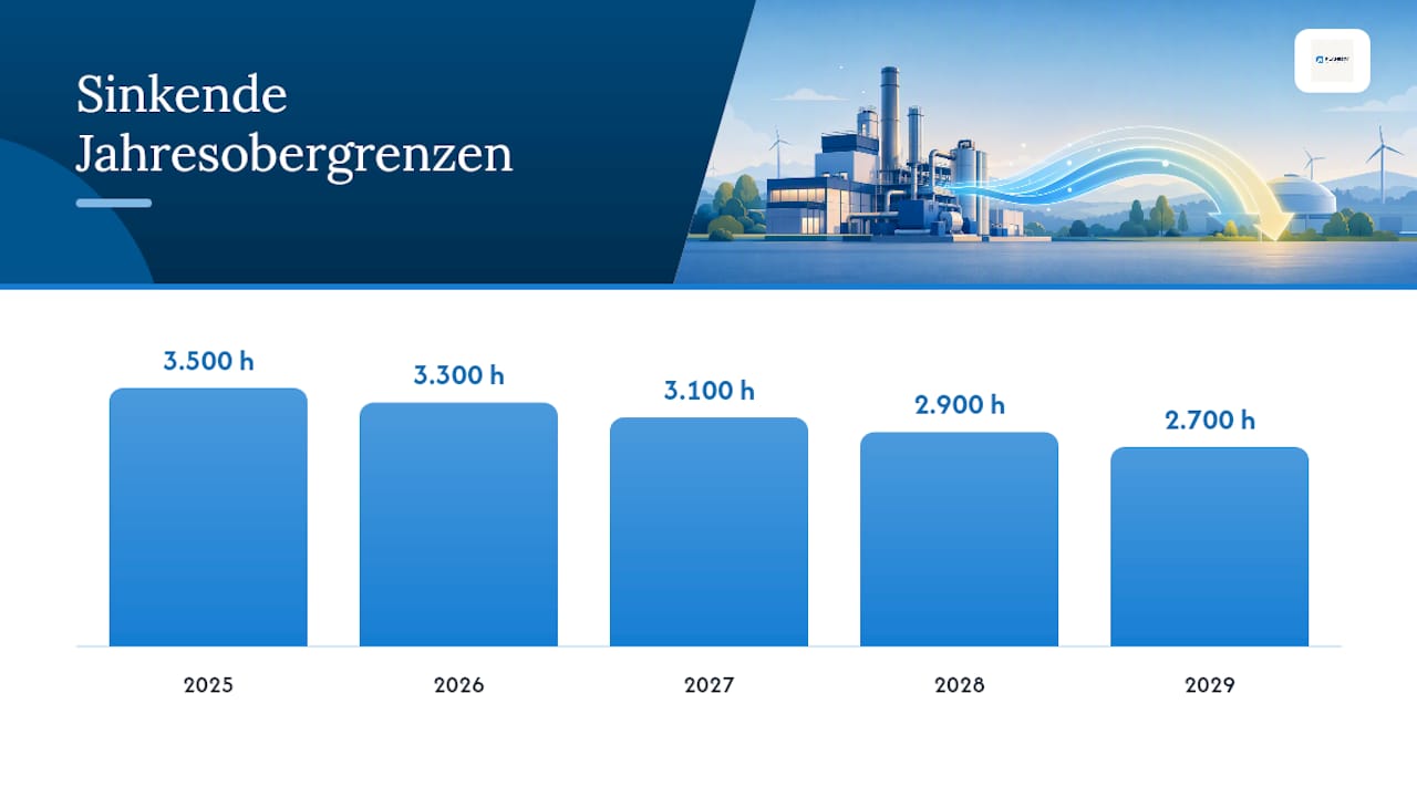 Balkendiagramm zu den jährlichen Nutzungsstundenbegrenzungen für KWK-Anlagen im Zeitraum 2025 bis 2030