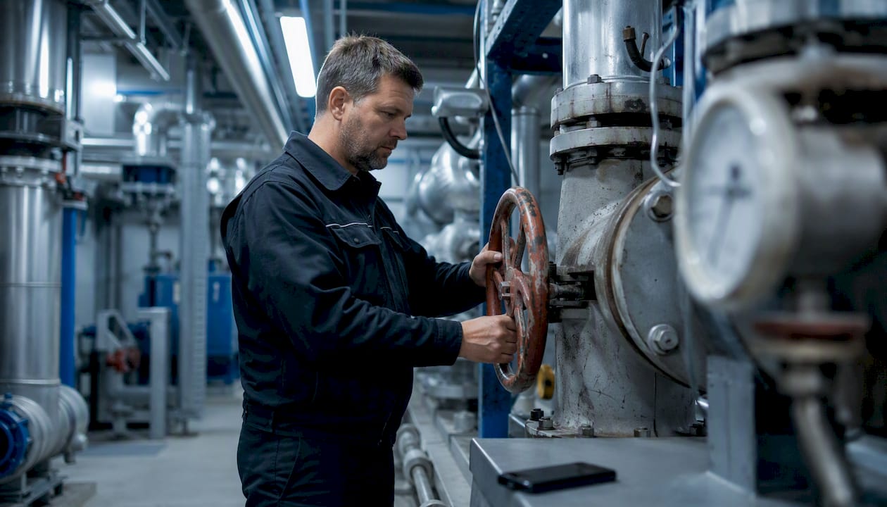 Hände stellen ein Ventil in einer industriellen Energieanlage ein.