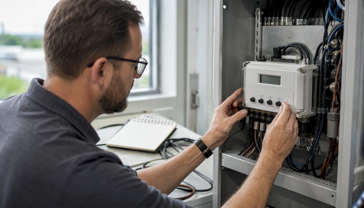 Ein Techniker nimmt die Feinjustierung eines industriellen Energiezählers vor.