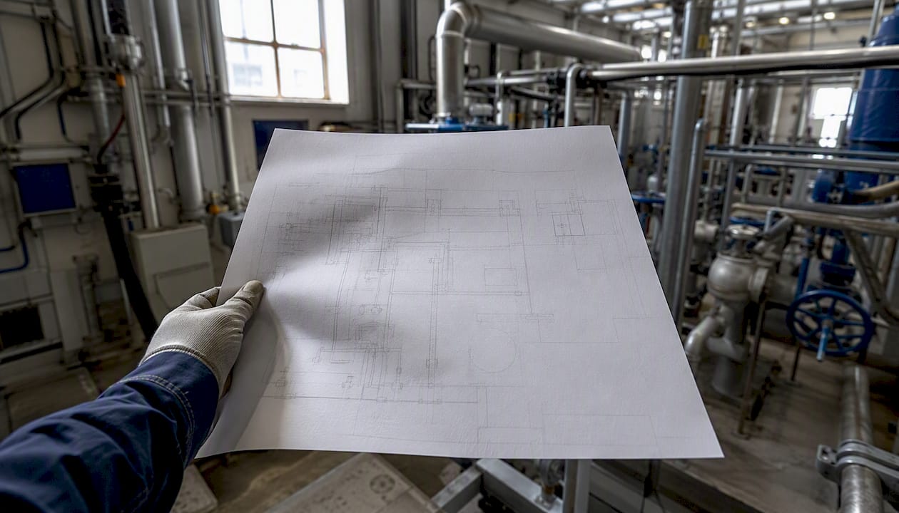 Ein Mitarbeiter hält einen Bebauungsplan in der Produktionshalle in der Hand.