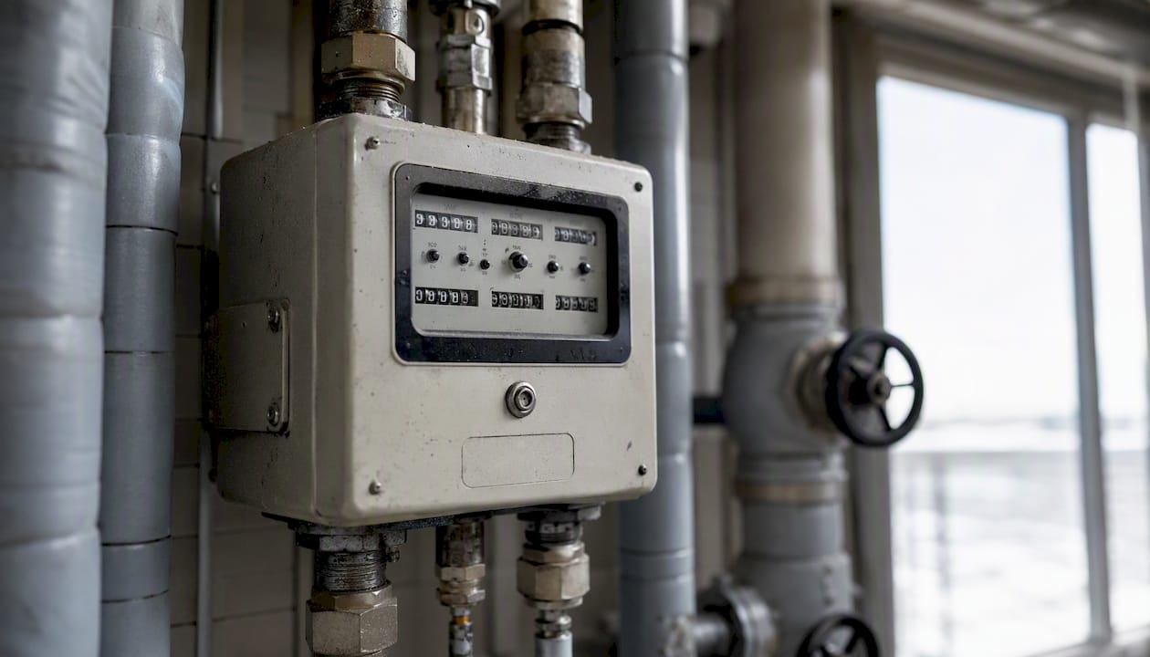 Detailaufnahme eines industriellen Energiezählers mit angeschlossenen Rohrleitungen