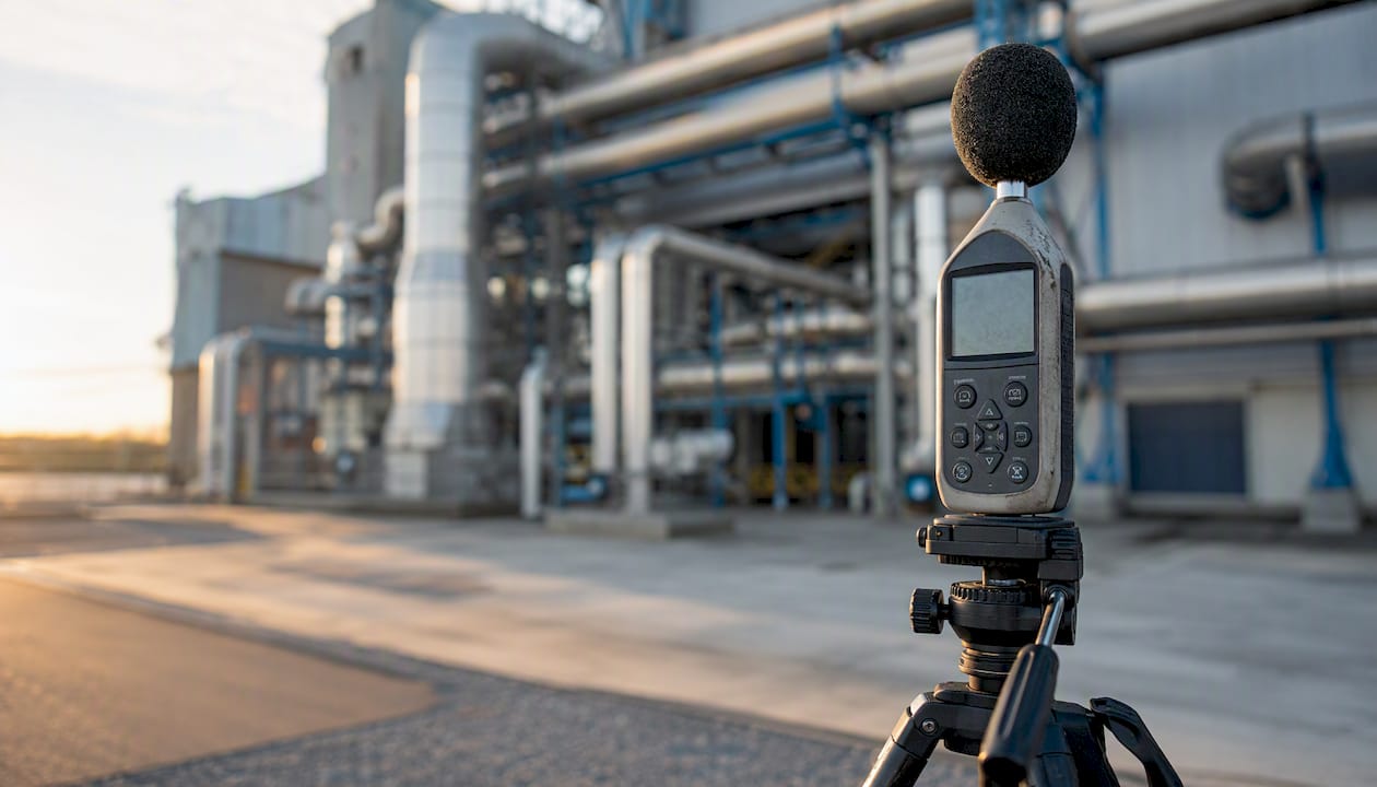 Schallpegelmessgerät im Einsatz an Industrieanlagen