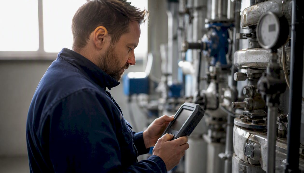 Eine qualifizierte Fachkraft erfasst und analysiert Energiewerte in der Industrie.